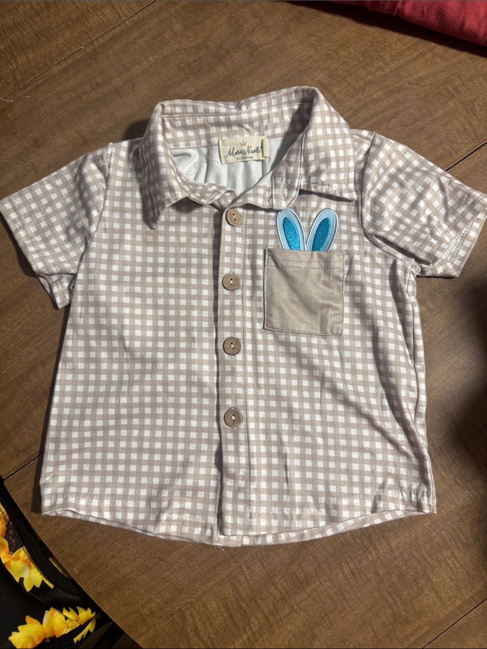 Beige Gingham Kids' Button-Up Shirt with Pocket Bunny